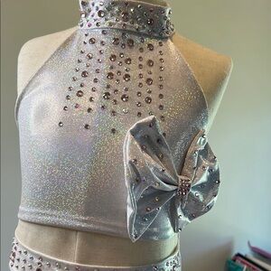 Glittering Silver Dance Costume with Rhinestone Bow